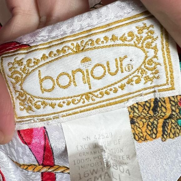 Vintage Bonjour White Mini Dress Gold Chain Scarf Jewelry Print Y2K Baroque XS/S - Picture 6 of 9